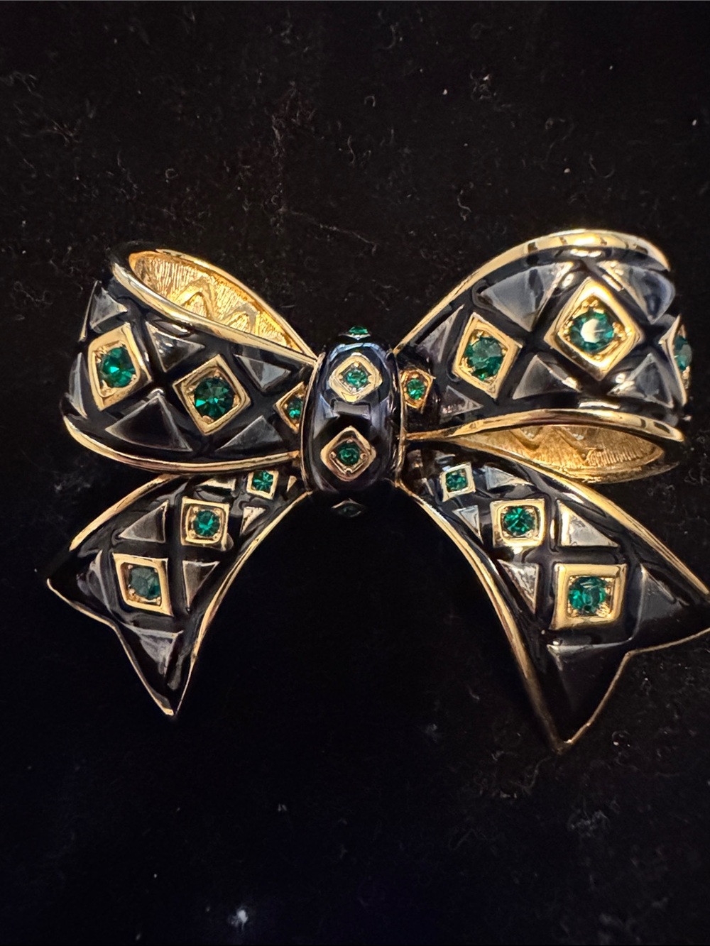 Joan Rivers Black and Gold Bow Brooch with Green Stones